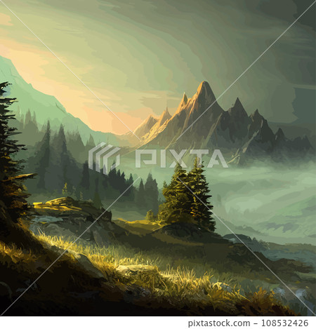Mountain mature silhouette element outdoor icon snowy ice peaks and decorative, Realistic illustration of mountain landscape with hill and forest with coniferous trees 108532426