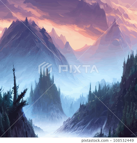 Mountain landscape. Mountain landscape. illustration. Abstract background. Fantasy theme morning landscape, sunrise mountains. landscape with blue mountains silhouettes with fog cold sunlight Mountain landscape. Mountain landscape. illustration. Abstract background. Fantasy theme morning landscape, sunrise mountains. landscape with blue mountains silhouettes with fog cold sunlight 108532449