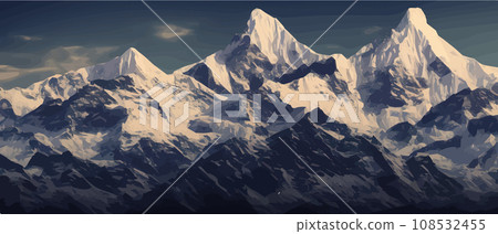 Fantasy epic magic mountain landscape. Mystical winter valley valley , Panoramic view of big mountains . Mountains landscape. Rural nature background. hills horizon 108532455