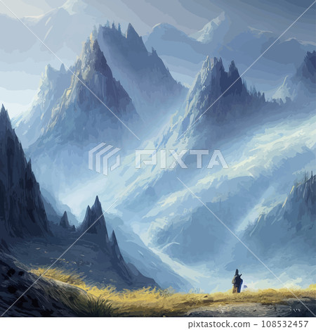 Mountain landscape. Mountain landscape. illustration. Abstract background. Fantasy theme morning landscape, sunrise mountains. landscape with blue mountains silhouettes with fog cold sunlight Mountain landscape. Mountain landscape. illustration. Abstract background. Fantasy theme morning landscape, sunrise mountains. landscape with blue mountains silhouettes with fog cold sunlight 108532457