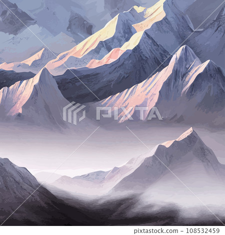 Realistic illustration mountain landscape with a hill forest with coniferous trees, under blue winter sky with space for text. Gray mountains forest retro vintage background illustration. Realistic illustration mountain landscape with a hill forest with coniferous trees, under blue winter sky with space for text. Gray mountains forest retro vintage background illustration. 108532459