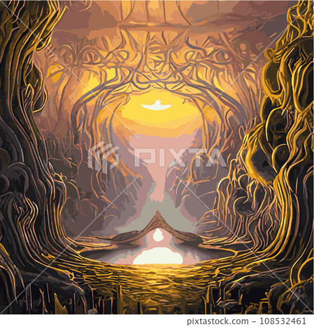 A surreal landscape with abstract trees and clouds melting islands off ground. illustration, Dreamy surreal fantasy landscape, lush vegetation ad flowers, pastel colors, digital illustration 108532461
