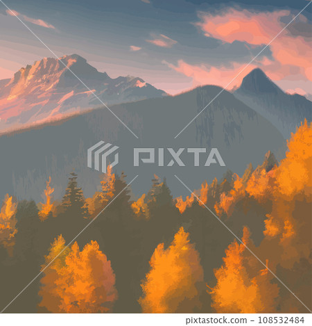 Nature and landscape. illustration trees, forests, mountains, plants. Image for background, card or cover. Illustration. Natural landscape with spruce trees. Modern minimal abstract background Nature and landscape. illustration trees, forests, mountains, plants. Image for background, card or cover. Illustration. Natural landscape with spruce trees. Modern minimal abstract background 108532484