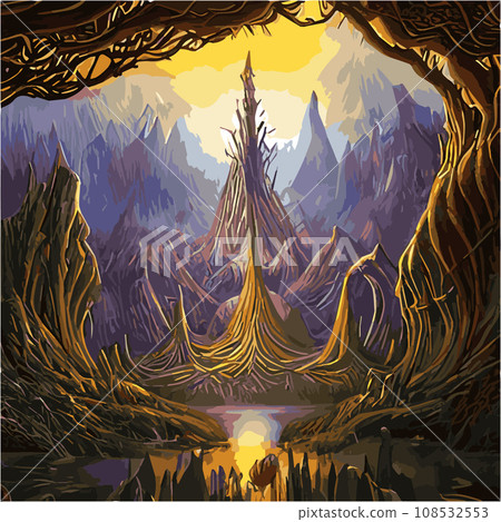 A surreal landscape with abstract trees and clouds melting islands off ground. illustration, Dreamy surreal fantasy landscape, lush vegetation ad flowers, pastel colors, digital illustration A surreal landscape with abstract trees and clouds melting islands off ground. illustration, Dreamy surreal fantasy landscape, lush vegetation ad flowers, pastel colors, digital illustration 108532553