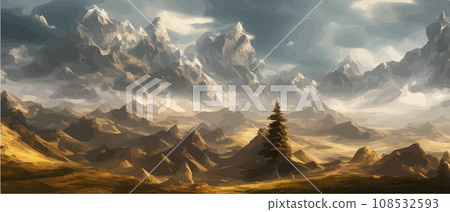 Fantasy epic magic mountain landscape. Mystical winter valley valley , Panoramic view of big mountains . Mountains landscape. Rural nature background. hills horizon Fantasy epic magic mountain landscape. Mystical winter valley valley , Panoramic view of big mountains . Mountains landscape. Rural nature background. hills horizon 108532593