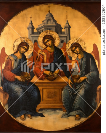 Orthodox icon The Old Testament Trinity style, oil illustration AI 108532604