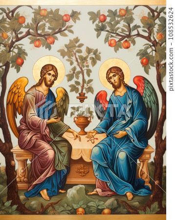 Orthodox icon The Old Testament Trinity style, oil illustration AI 108532624