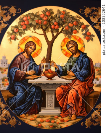 Orthodox icon The Old Testament Trinity style, oil illustration AI Orthodox icon The Old Testament Trinity style, oil illustration AI 108532641
