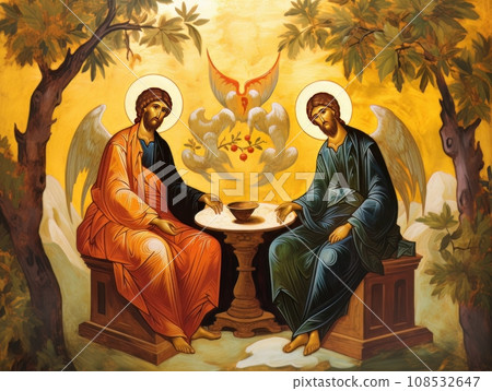 Orthodox icon The Old Testament Trinity style, oil illustration AI Orthodox icon The Old Testament Trinity style, oil illustration AI 108532647