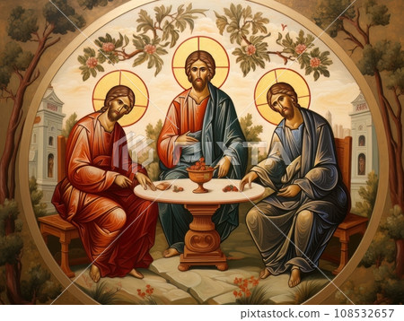 Orthodox icon The Old Testament Trinity style, oil illustration AI 108532657