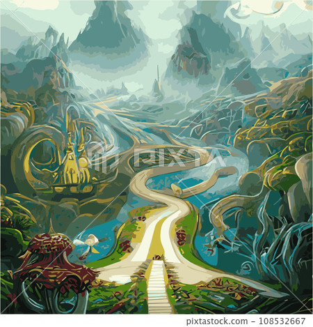 A surreal landscape with abstract trees and clouds melting islands off ground. illustration, Dreamy surreal fantasy landscape, lush vegetation ad flowers, pastel colors, digital illustration 108532667