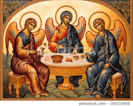 Orthodox icon The Old Testament Trinity style, oil illustration AI 108532668