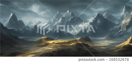 Fantasy epic magic mountain landscape. Mystical winter valley valley , Panoramic view of big mountains . Mountains landscape. Rural nature background. hills horizon 108532678