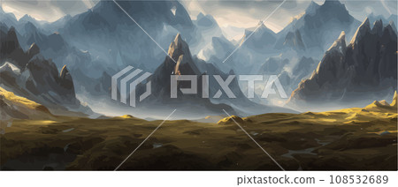Fantasy epic magic mountain landscape. Mystical winter valley valley , Panoramic view of big mountains . Mountains landscape. Rural nature background. hills horizon Fantasy epic magic mountain landscape. Mystical winter valley valley , Panoramic view of big mountains . Mountains landscape. Rural nature background. hills horizon 108532689