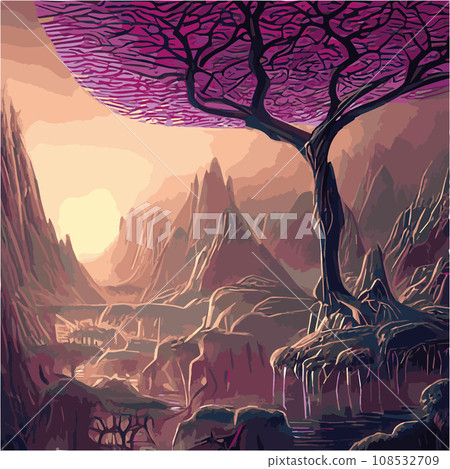A surreal landscape with abstract trees and clouds melting islands off ground. illustration, Dreamy surreal fantasy landscape, lush vegetation ad flowers, pastel colors, digital illustration 108532709