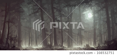 misty forest. Dark tree silhouette. Tree tricks in the blue mist. Fog in the night forest illustration banner. Spooky forest with full moon and floor. Without leaves and branches of autumn. 108532751