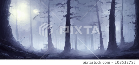 misty forest. Dark tree silhouette. Tree tricks in the blue mist. Fog in the night forest illustration banner. Spooky forest with full moon and floor. Without leaves and branches of autumn. 108532755