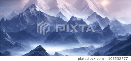 Fantasy epic magic mountain landscape. Mystical winter valley valley , Panoramic view of big mountains . Mountains landscape. Rural nature background. hills horizon 108532777