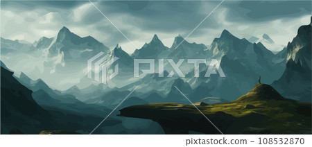 Fantasy epic magic mountain landscape. Mystical winter valley valley , Panoramic view of big mountains . Mountains landscape. Rural nature background. hills horizon Fantasy epic magic mountain landscape. Mystical winter valley valley , Panoramic view of big mountains . Mountains landscape. Rural nature background. hills horizon 108532870