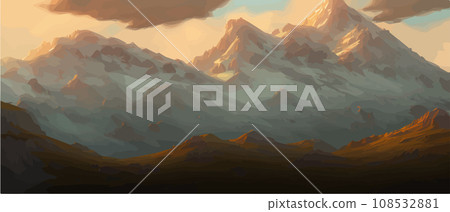 Fantasy epic magic mountain landscape. Mystical winter valley valley , Panoramic view of big mountains . Mountains landscape. Rural nature background. hills horizon 108532881