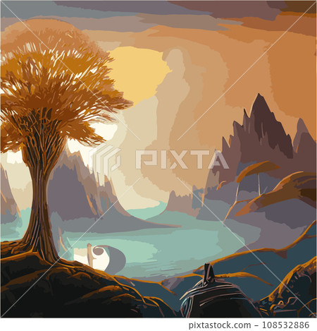 A surreal landscape with abstract trees and clouds melting islands off ground. illustration, Dreamy surreal fantasy landscape, lush vegetation ad flowers, pastel colors, digital illustration A surreal landscape with abstract trees and clouds melting islands off ground. illustration, Dreamy surreal fantasy landscape, lush vegetation ad flowers, pastel colors, digital illustration 108532886