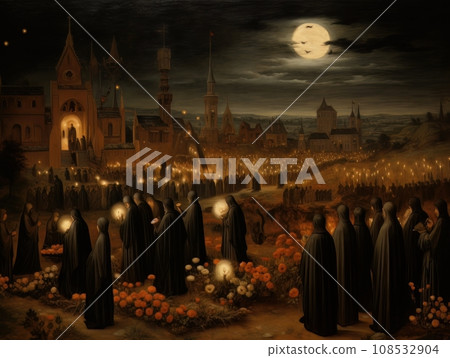 All Saints Day, the souls of the dead return home, oil illustration AI 108532904