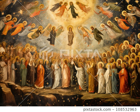 All Saints Day, the souls of the dead return home, oil illustration AI All Saints Day, the souls of the dead return home, oil illustration AI 108532963