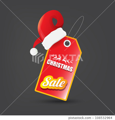 vector Christmas sales paper banner or tag label with red santa hat on grey christmas background. Red winter Christmas sale poster, banner, social media post design template and background 108532964