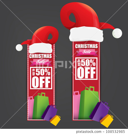 vector Christmas sales paper banner or tag label with red santa hat on grey christmas background. Red winter Christmas sale poster, banner, social media post design template and background 108532985