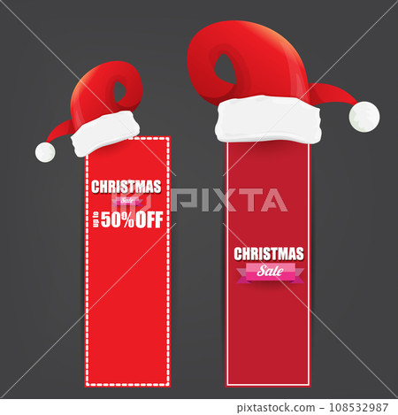 vector Christmas sales paper banner or tag label with red santa hat on grey christmas background. Red winter Christmas sale poster, banner, social media post design template and background 108532987