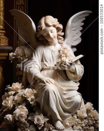 White statue of angel reading book surrounded by roses AI White statue of angel reading book surrounded by roses AI 108533014