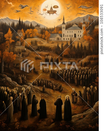 All Saints Day, the souls of the dead return home, oil illustration AI 108533091