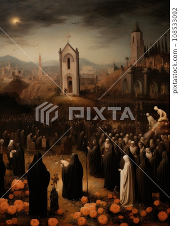 All Saints Day, the souls of the dead return home, oil illustration AI 108533092