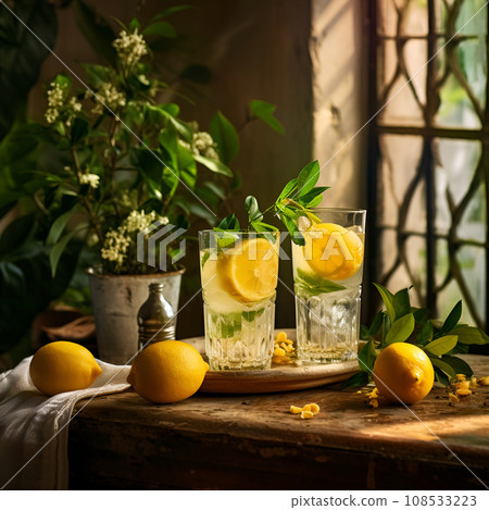 Homemade  traditional lemonade in glass glasses on the table by the window in style rustic 108533223