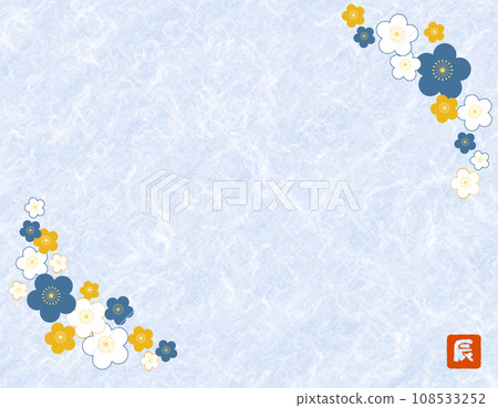梅花新年賀卡框架材料日本紙背景紋理生肖郵票藍色 108533252