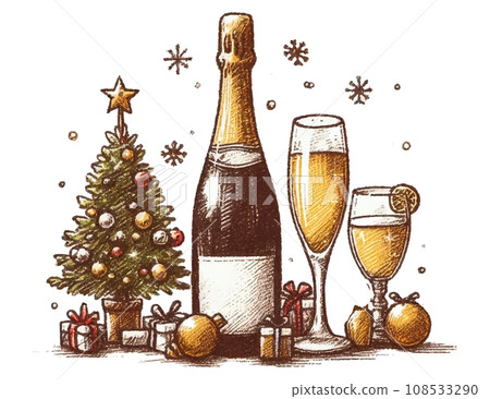 聖誕氣氛中葡萄酒和香檳的壓克力畫觸摸插圖 聖誕氣氛中葡萄酒和香檳的壓克力畫觸摸插圖 108533290