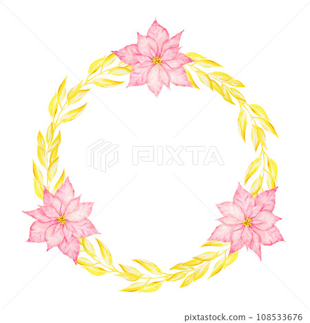 Pink poinsettia and gold branches. Watercolor hand drawn wreath with Christmas star. Winter symbol, new year ornament for holiday season prints, greeting cards, banners, invitations, packing Pink poinsettia and gold branches. Watercolor hand drawn wreath with Christmas star. Winter symbol, new year ornament for holiday season prints, greeting cards, banners, invitations, packing 108533676