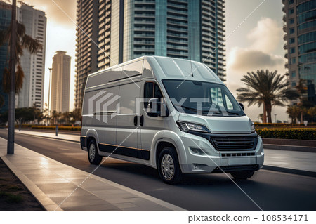 White delivery van parked on a street 108534171