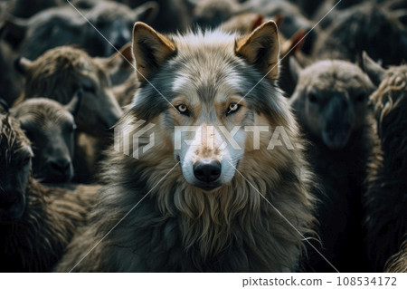 Wolf and herd of sheep. Concept for playing a role contrary to their real character with whom contact is dangerous. 108534172