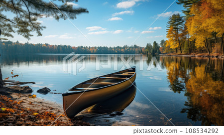 An yellow canoe parked on a lake with spectacular landscape 108534292