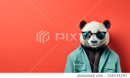 Cool looking trendy panda with a blue jacket and sunglasses on a red color background 108534293