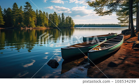 Three canoes parked on a lake with spectacular landscape 108534299