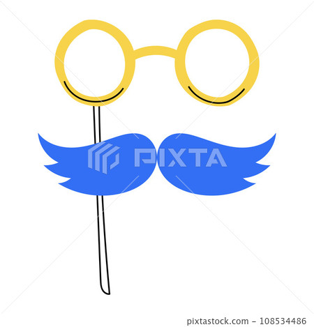 Hand drawn masquerade mask with mustache. Festive decorative element. Color flat vector illustration isolated on a white background. 108534486