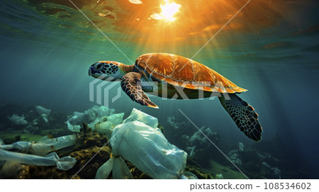Sea turtle swimming underwater among plastic waste and the sunlight reflects a beautiful light on them 108534602