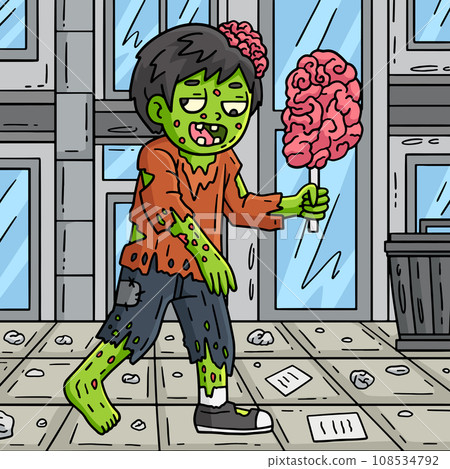 Zombie Eating Brain on a Stick Colored Cartoon  108534792