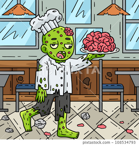 Zombie Holding Brains on a Plate Colored Cartoon  108534793