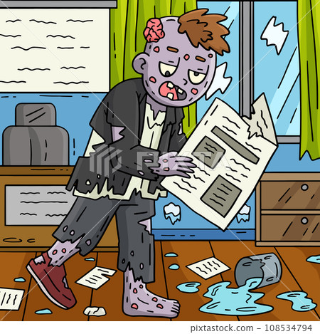 Zombie with Newspaper Colored Cartoon Illustration 108534794