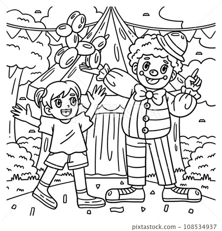 Circus Child and Clown Coloring Page for Kids 108534937