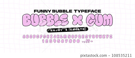 Bubble abstract shapes alphabet font. Funky balloon organic typeface in trendy retro y2k style. Cartoon kids graffiti vector illustration. Letters and numbers. 108535211