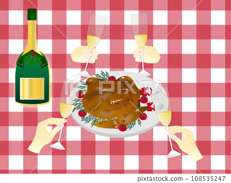 Toast with a whole turkey and Christmas champagne 108535247